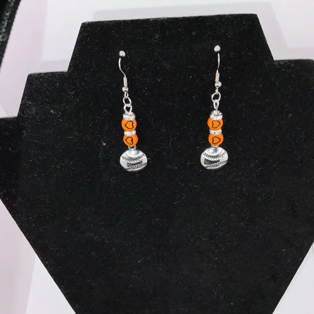 Baseball, Softball W/ Org. Hearts Hook Earrings Shiny Finish Silver PlayBall New